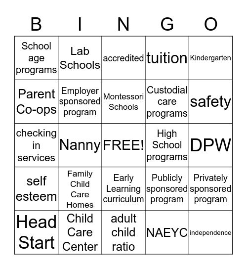 Chapter 2 Types of Child Care Bingo Card