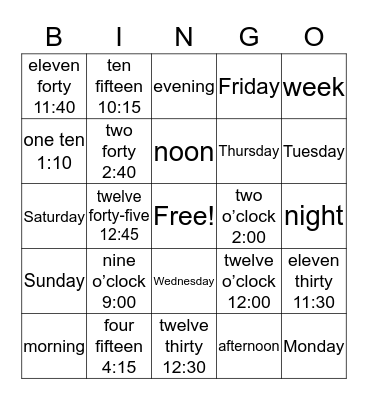 Day and Time Bingo Card