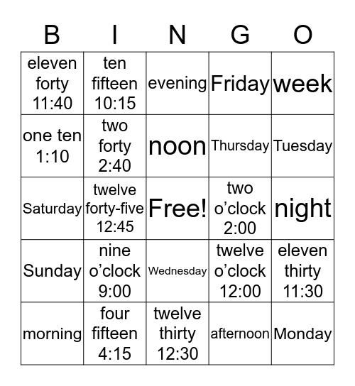 Day and Time Bingo Card
