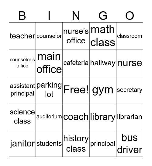 School Subjects Bingo Card