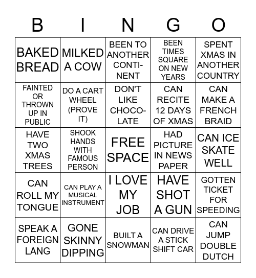 LIFE EXPERIENCE BINGO Card