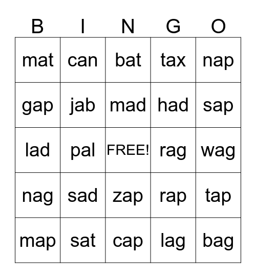 Short A Bingo Card