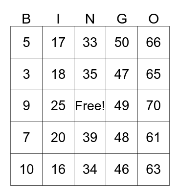 US 67 Bus Bingo Card