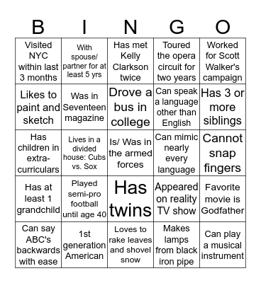 GETTING TO KNOW YOU BINGO Card