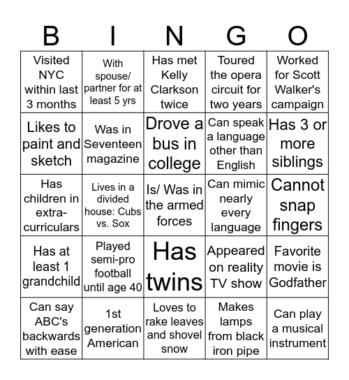 GETTING TO KNOW YOU BINGO Card