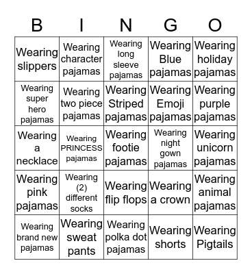 Pajama Dance Party Bingo Card