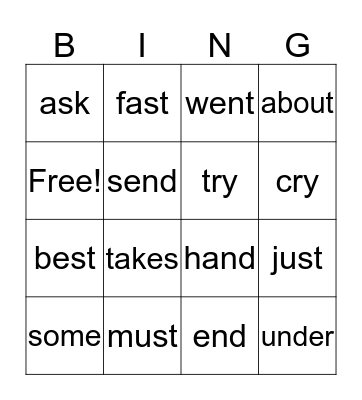 Spelling Words Bingo Card