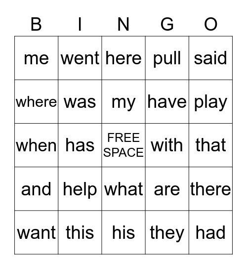 SIGHT WORD BINGO Card