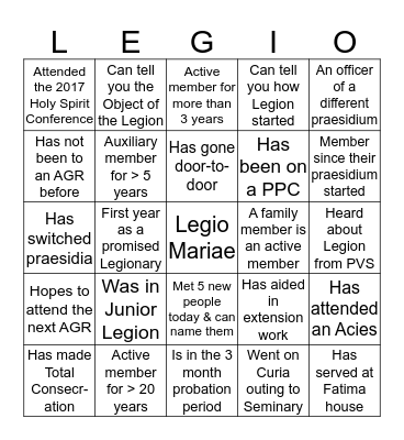 Legion of Mary Bingo Card