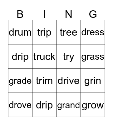 gr, dr and tr words Bingo Card