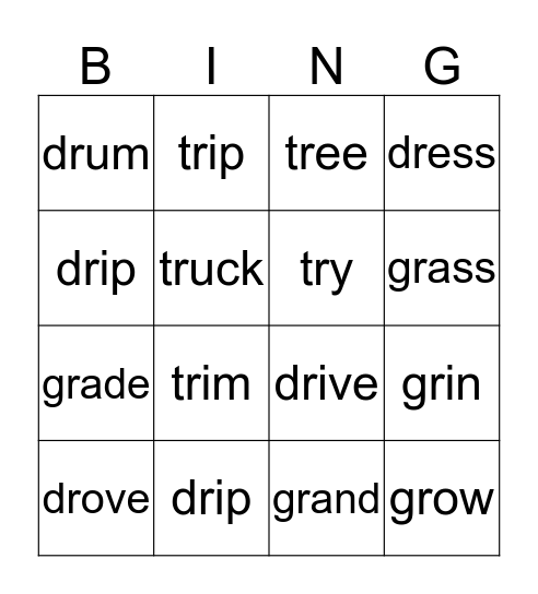 gr, dr and tr words Bingo Card