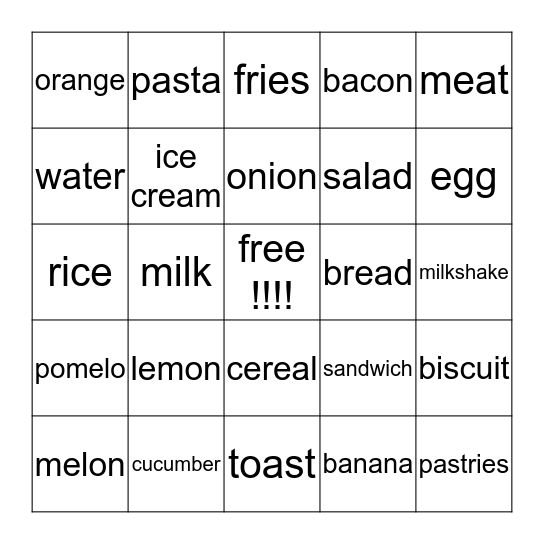 yummy things  Bingo Card
