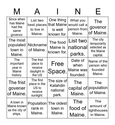 Maine Bingo Card