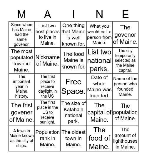 Maine Bingo Card