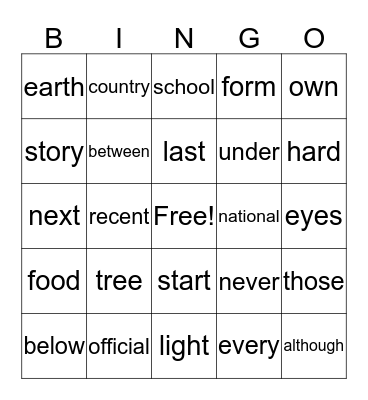 No Excuse and Bonus Words Bingo Card