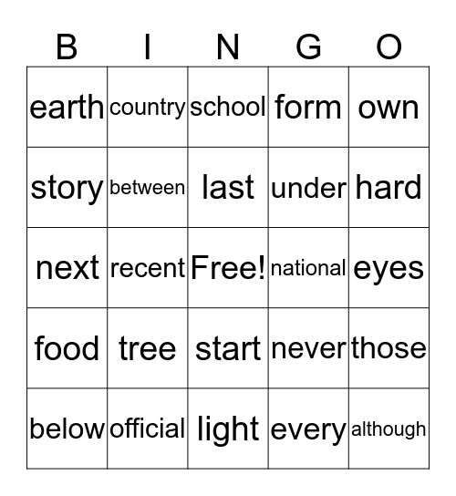No Excuse and Bonus Words Bingo Card