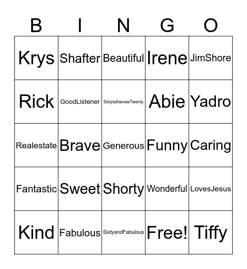 Irene is Sixty & Fabulous Bingo Card