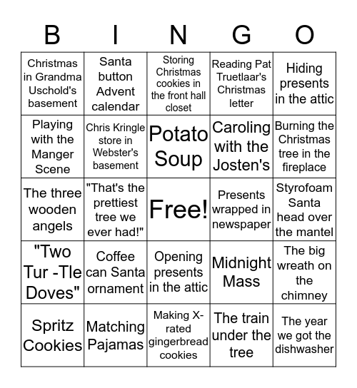 Tate Family Christmas Memories Bingo Card