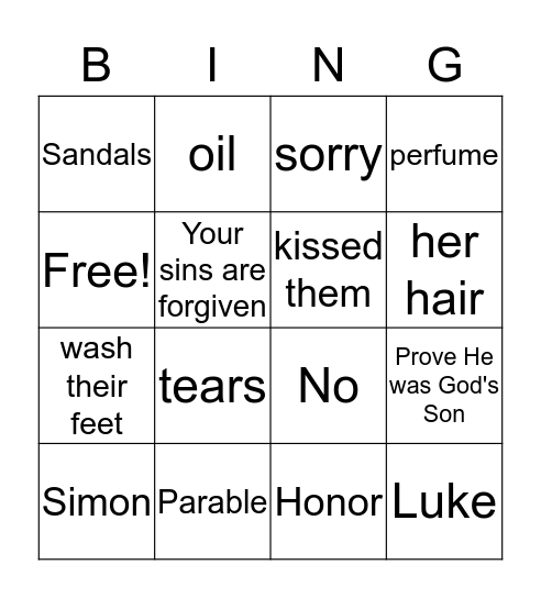 Jesus Anoints A Sinful Woman Bingo Card