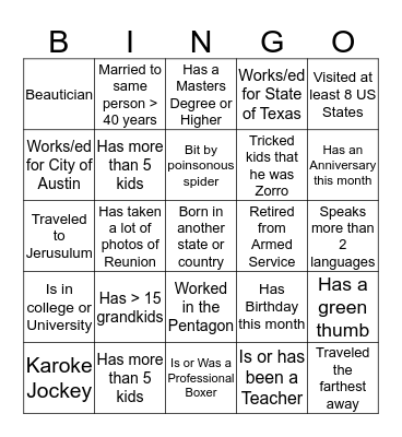 Family Bingo Card