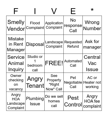 Five Star Bingo Card