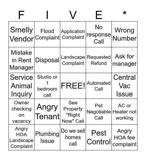 Five Star Bingo Card