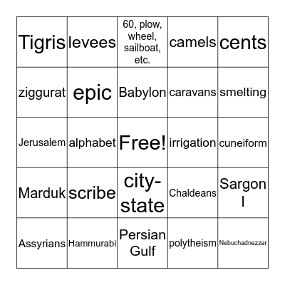 Mesopotamia/Fertile Crescent Bingo Card