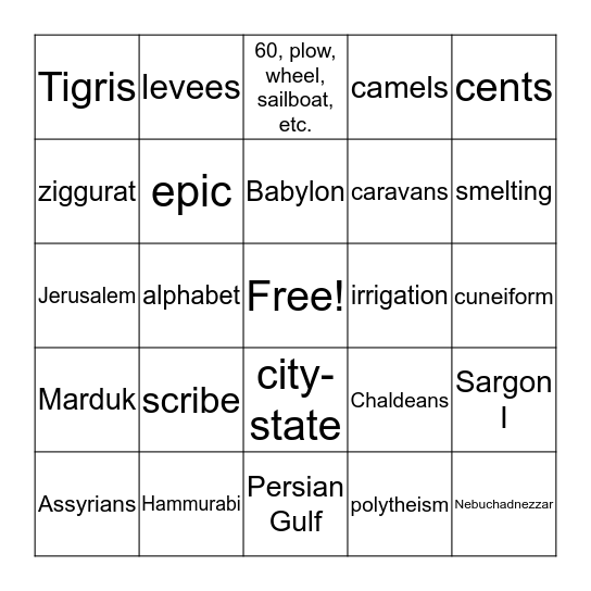 Mesopotamia/Fertile Crescent Bingo Card