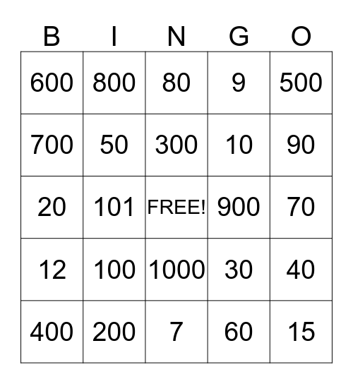 Números (1-1000) Bingo Card