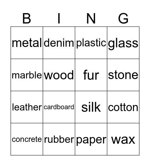 Materials Bingo Card