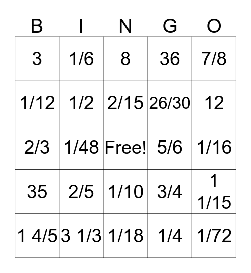 Fraction Bingo Card