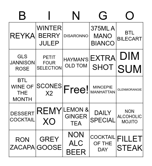 BAR BINGO Card