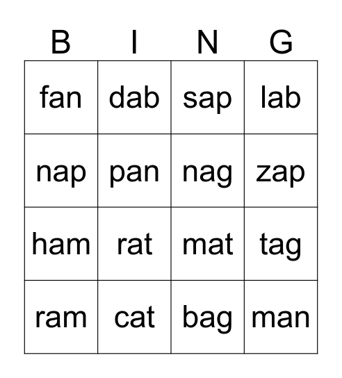 short "a" word families Bingo Card