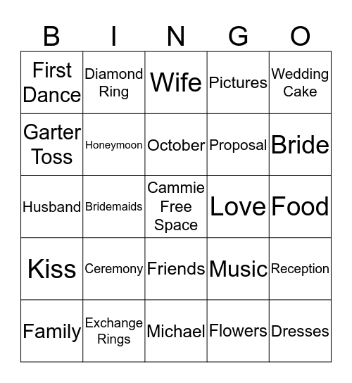 Cammie Bridal Shower Bingo Card