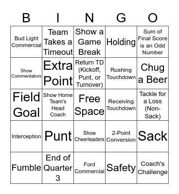 Football Prop Bet Bingo Card