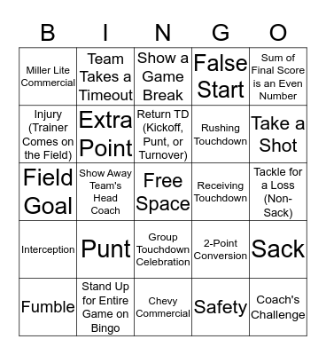 Football Prop Bet Bingo Card