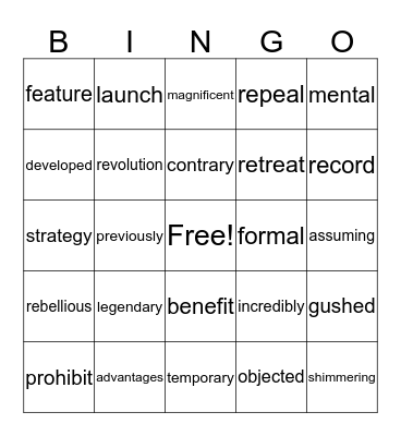 Vocabulary 12,13,16 Bingo Card