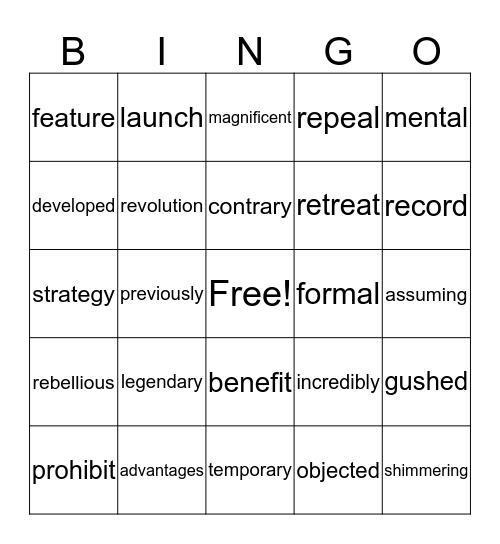 Vocabulary 12,13,16 Bingo Card