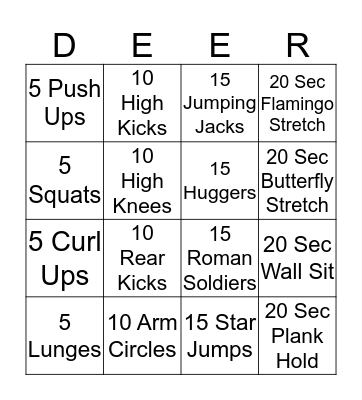 Reindeer Camp Fitness Bingo Card