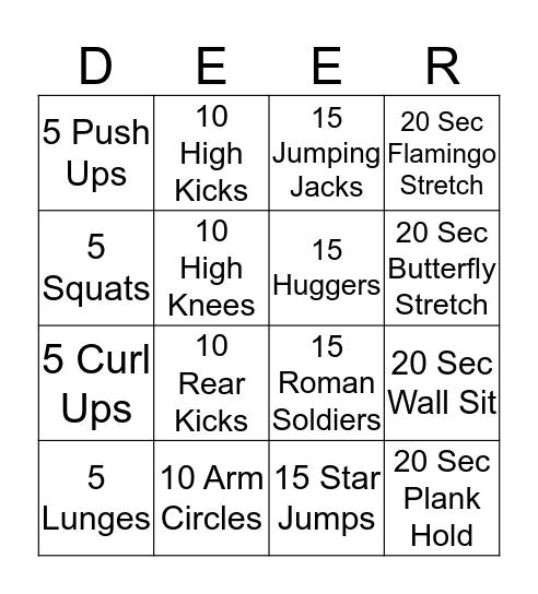 Reindeer Camp Fitness Bingo Card