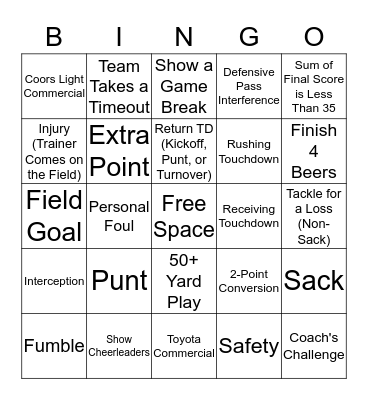 Football Prop Bet Bingo Card