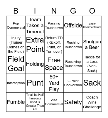 Football Prop Bet Bingo Card
