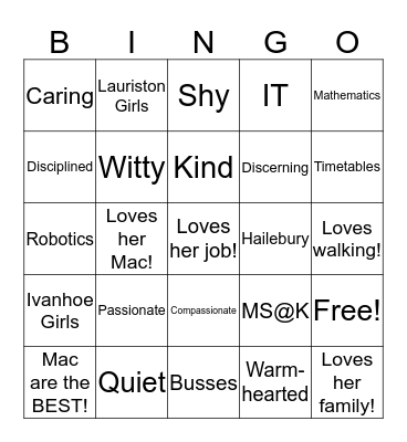 Bignell Bingo! Bingo Card