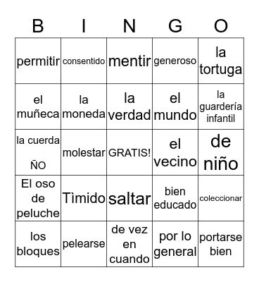 Chapter 4A Vocabulary Bingo Card