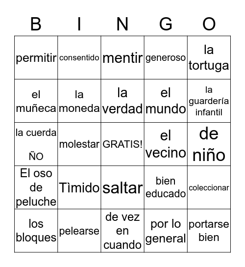 Chapter 4A Vocabulary Bingo Card