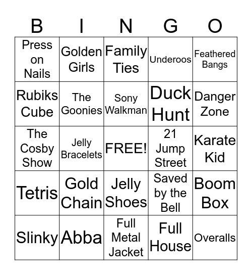 My Favorite Things From the 1980's ! Bingo Card