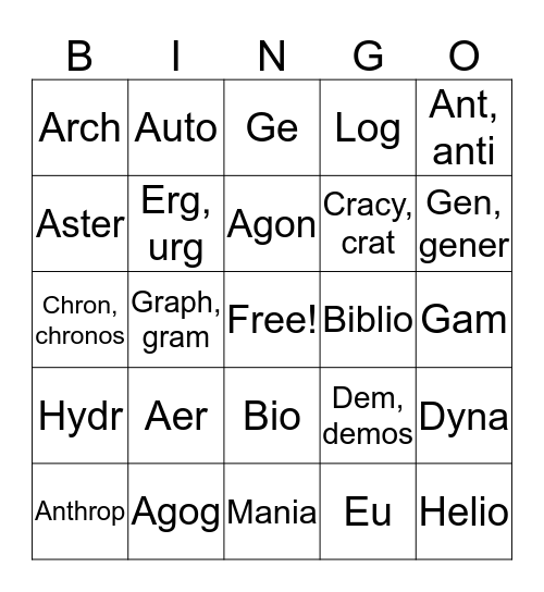 Greek Roots Review #1 Bingo Card