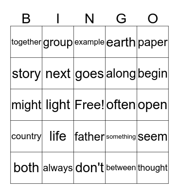 Sight Word Bingo Card