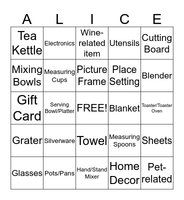 Alice's Bridal Shower Bingo Card