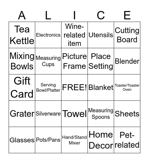 Alice's Bridal Shower Bingo Card